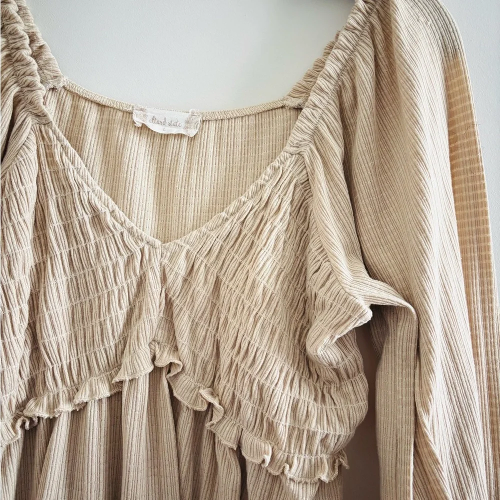 Altar'd State Top Smocked Beige Long Sleeve Blouse Women L Boho Cottagecore USA